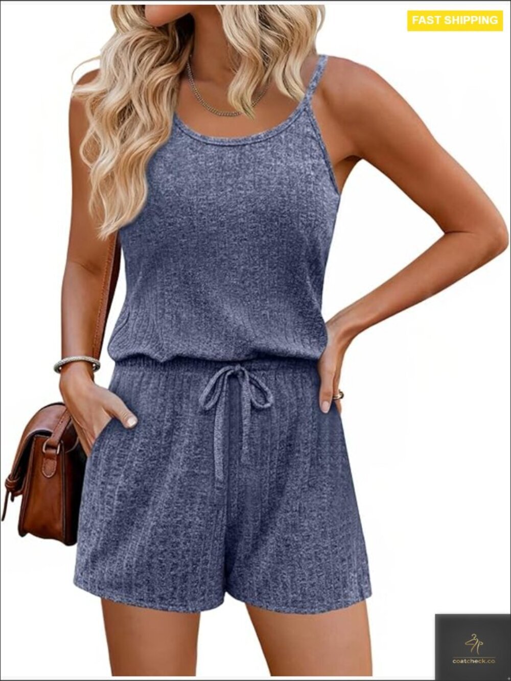 Sleeveless Scoop Neck Ribbed Romper Adjustable Straps Pockets Summer Casual